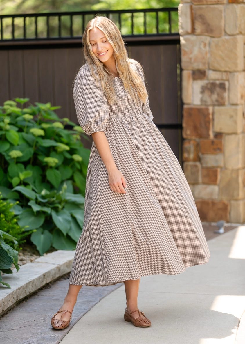 Gingham Midi Dress with Smocked Bodice for Sweet Daytime Wear Modest Outfits