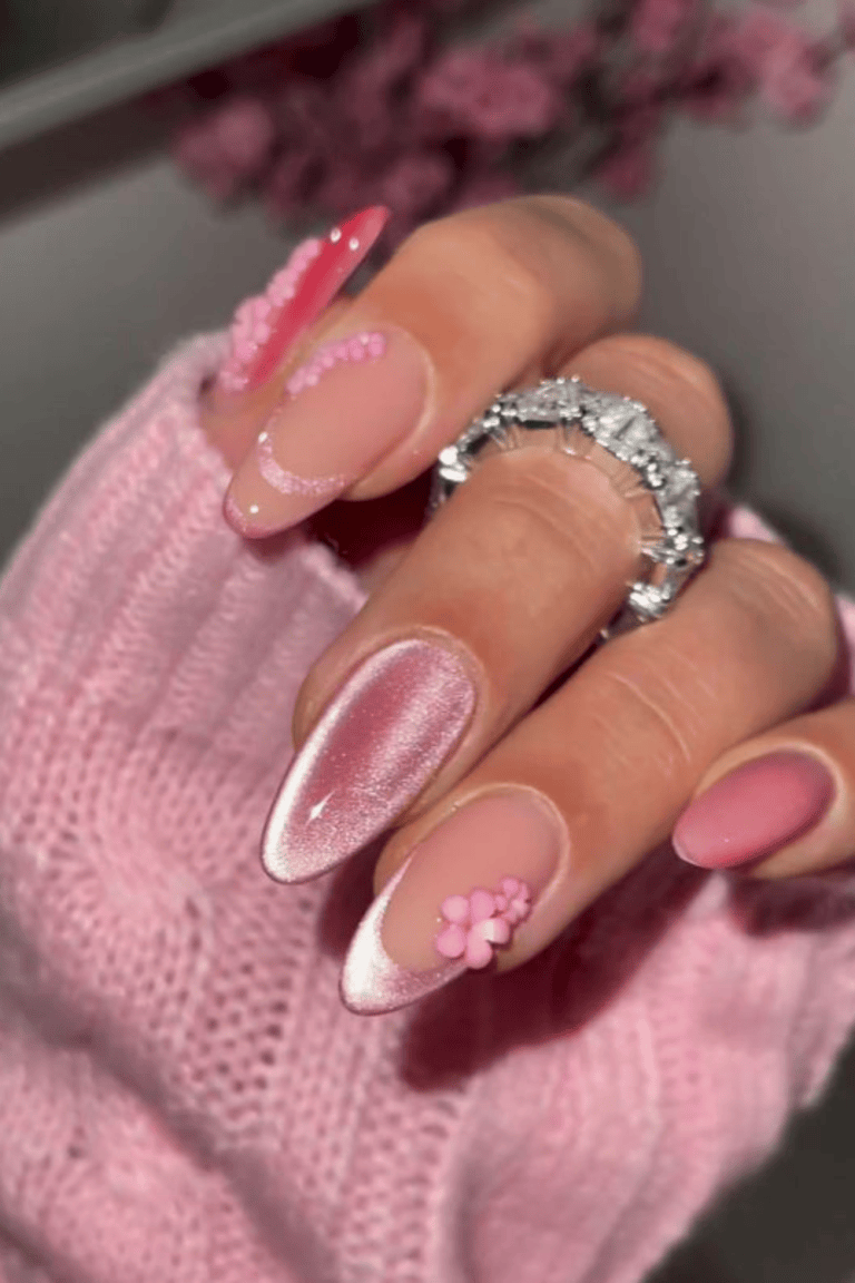 Artistic French Tips with Cat-Eye and 3D Flowers Artistic French Tips with Cat-Eye and 3D Flowers — Date Night Nails