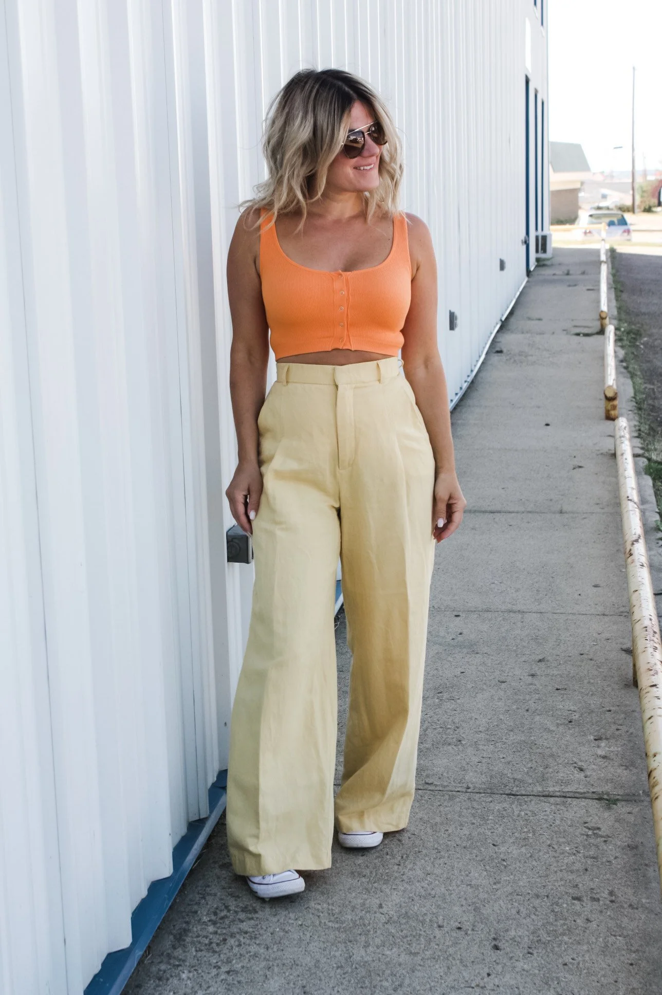 Vibrant Orange Crop Top with Pale Yellow Wide-Leg Trousers — Brunch Outfits