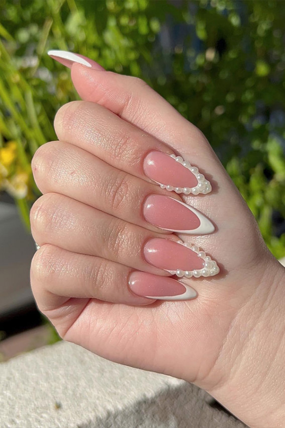 Long Almond French with Pearl Border — Wedding Nails