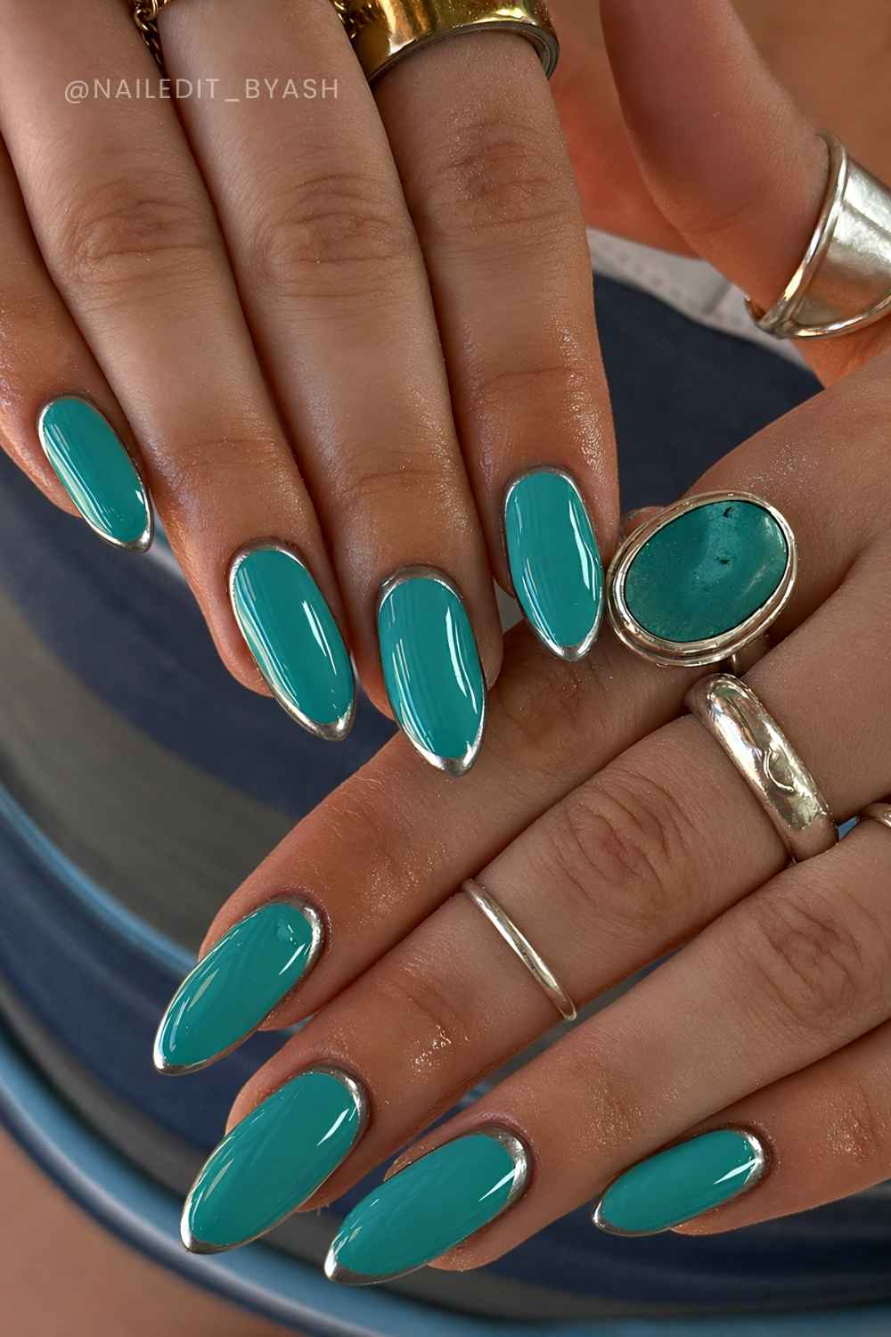 Teal with Silver Outline French Tip Nails — Teal Nails