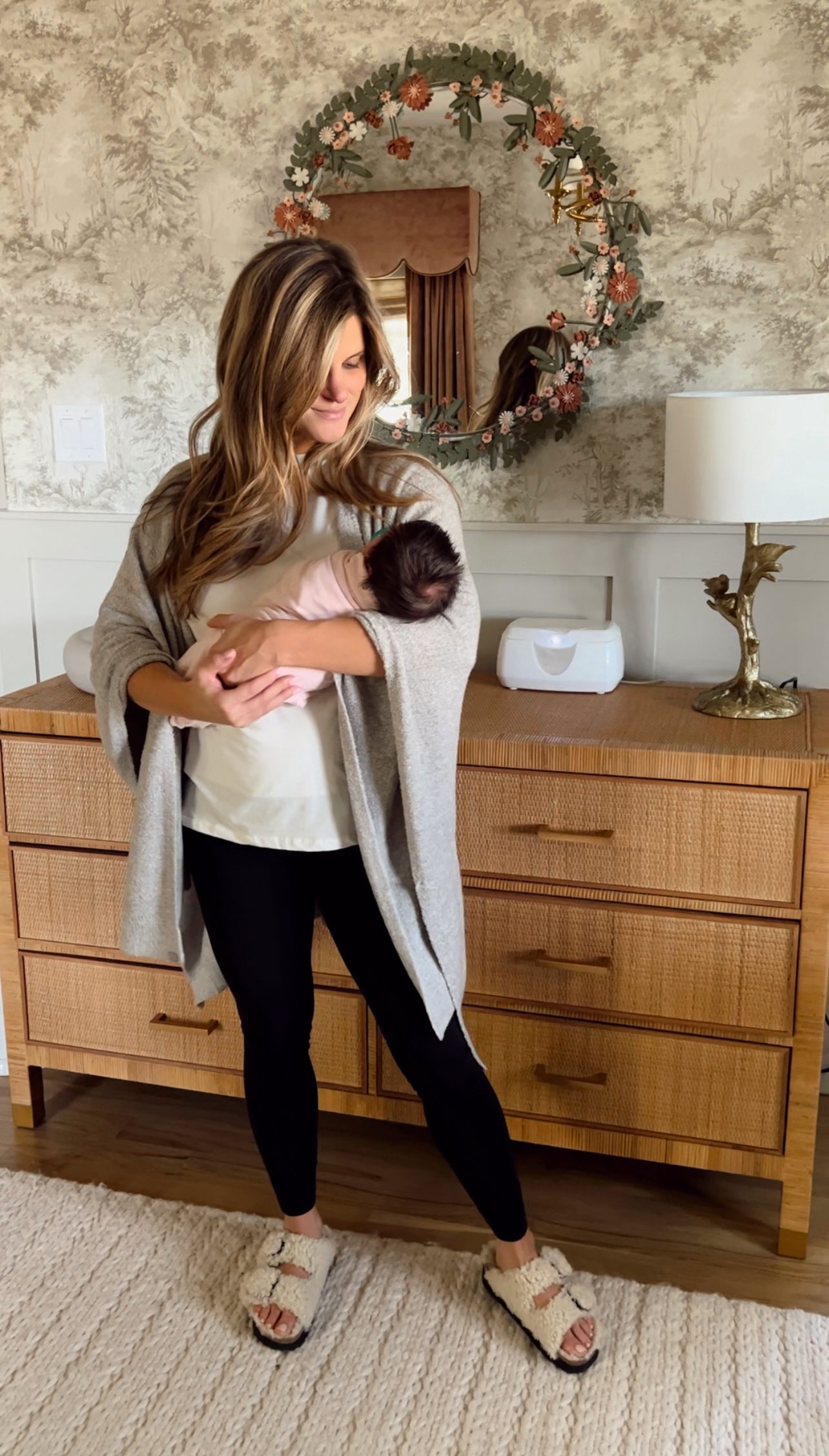 Casual Knit Cardigan Over T-Shirt and Leggings — Postpartum Outfits