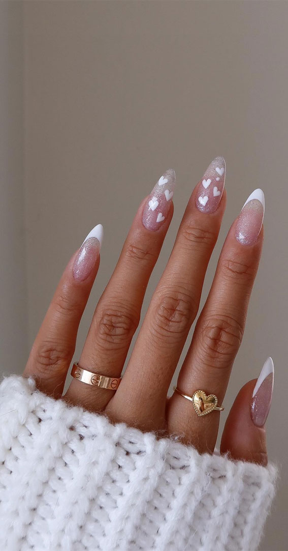 Sheer Pink French With Scattered White Hearts Sheer Pink French With Scattered White Hearts — Heart Nails