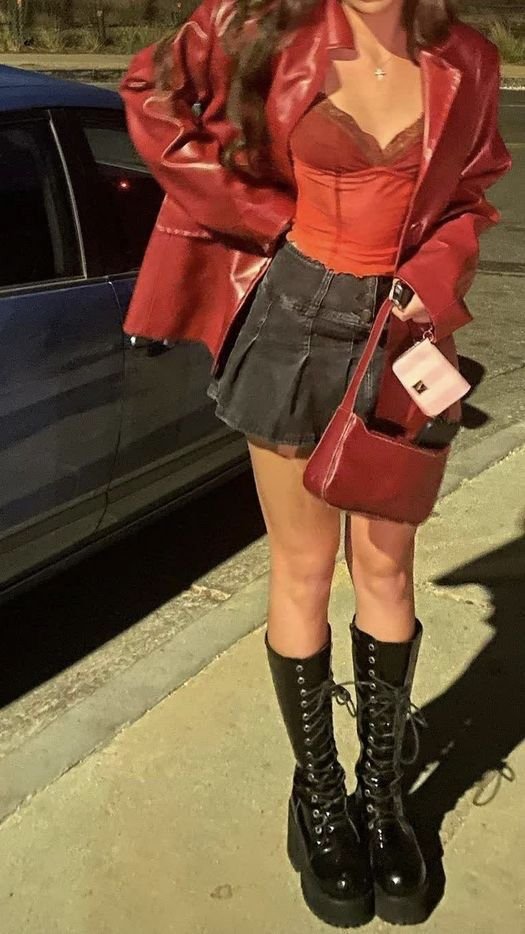 Bold Red Blazer Over a Corset and Denim Mini Skirt Bold Red Blazer Over a Corset and Denim Mini Skirt — Rockstar Girlfriend Outfits