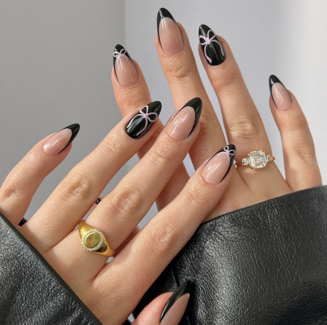 Black French Tips with Pink Bow Details Black French Tips with Pink Bow Details — Black French Tip Nails