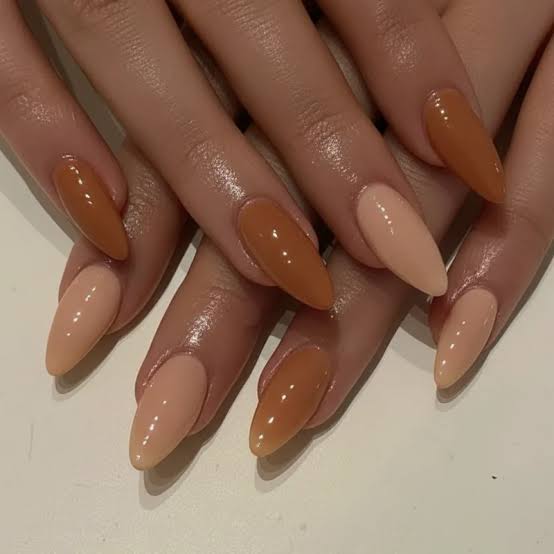 Light Beige to Medium Brown Ombre Almond Light Beige to Medium Brown Ombre Almond — Nails for Brown Skin