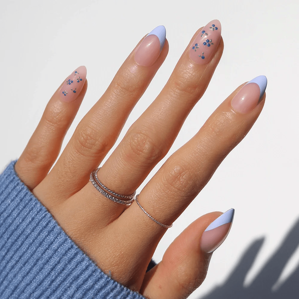 Nude Almond with Blue Florals and Glitter — Nail Designs