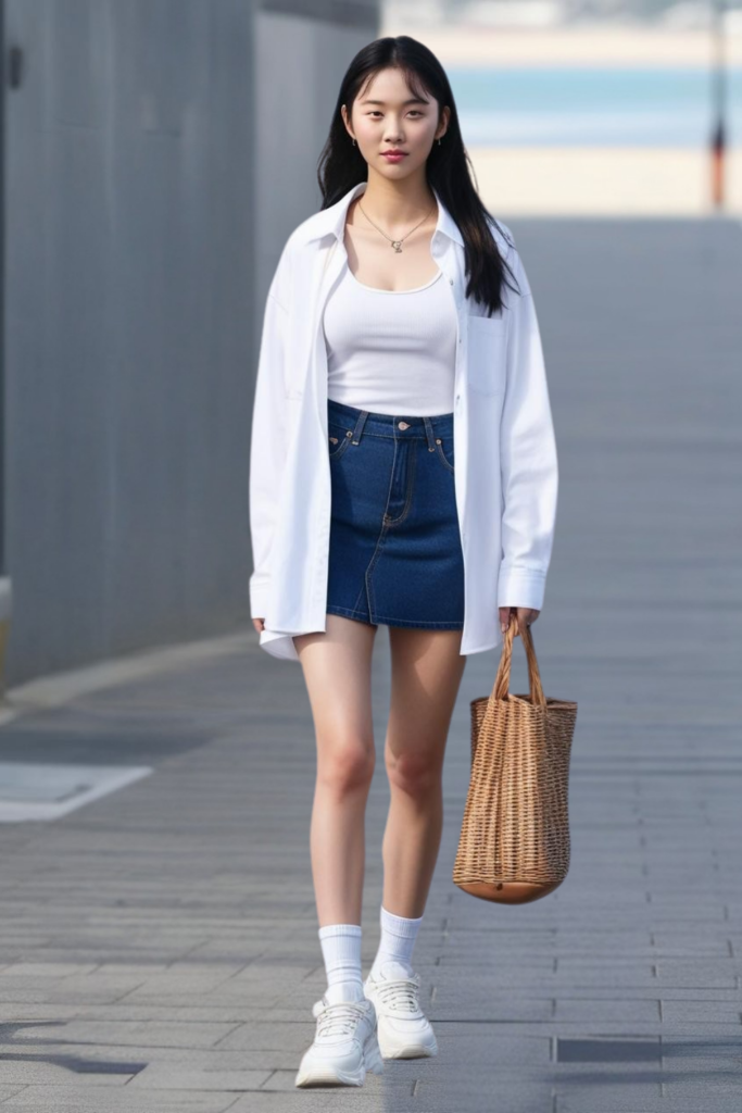 Oversized Shirt Layered Over Denim Mini Skirt Oversized Shirt Layered Over Denim Mini Skirt — Korean Outfits