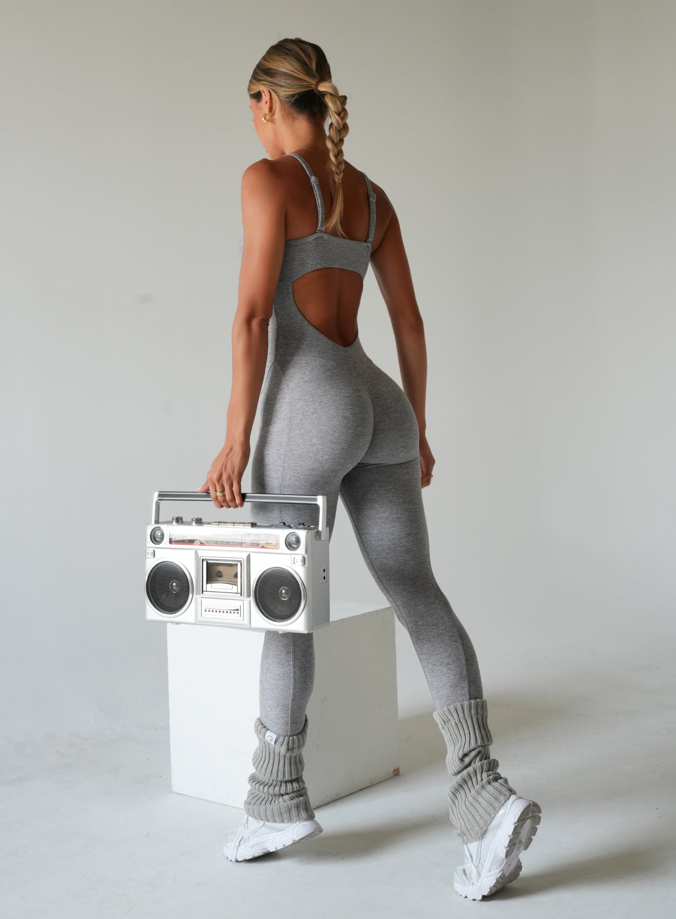 Grey Jumpsuit Grey Leg Warmers Outfit Idea — Gym Outfits