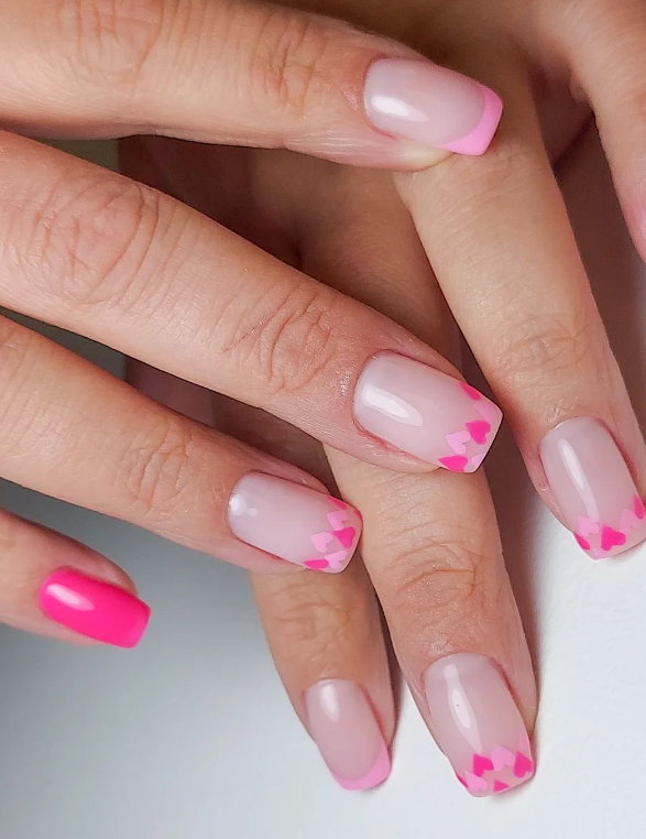 Pink Heart Decal French Tips Pink Heart Decal French Tips — Pink French Tip Nails