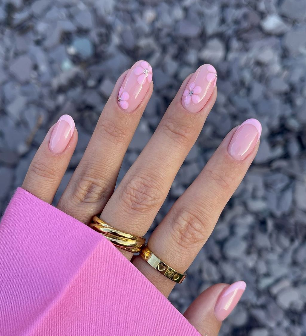 Sheer Pink French Tips with Floral Accents — Pink Nails