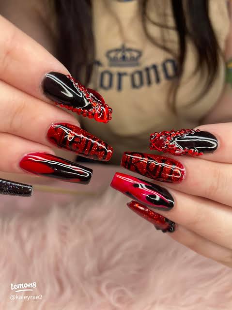 Deep Red French Tips with Glitter Accents Deep Red French Tips with Glitter Accents — Concert Nails