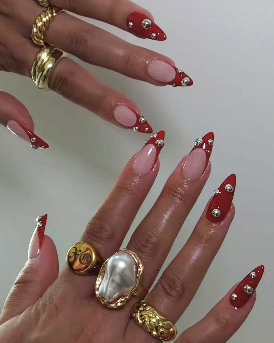 Red French Tips With Silver Studs Visual Idea — Red French Tip Nails