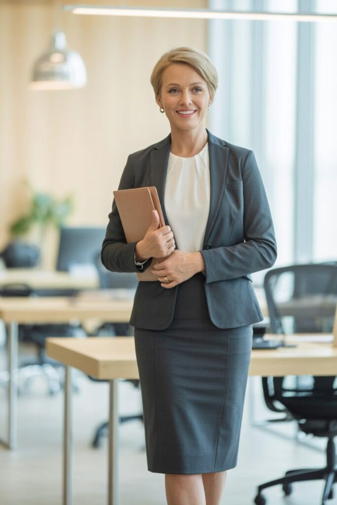 Tailored Grey Suit with White Blouse for a Professional Interview — Interview Outfits