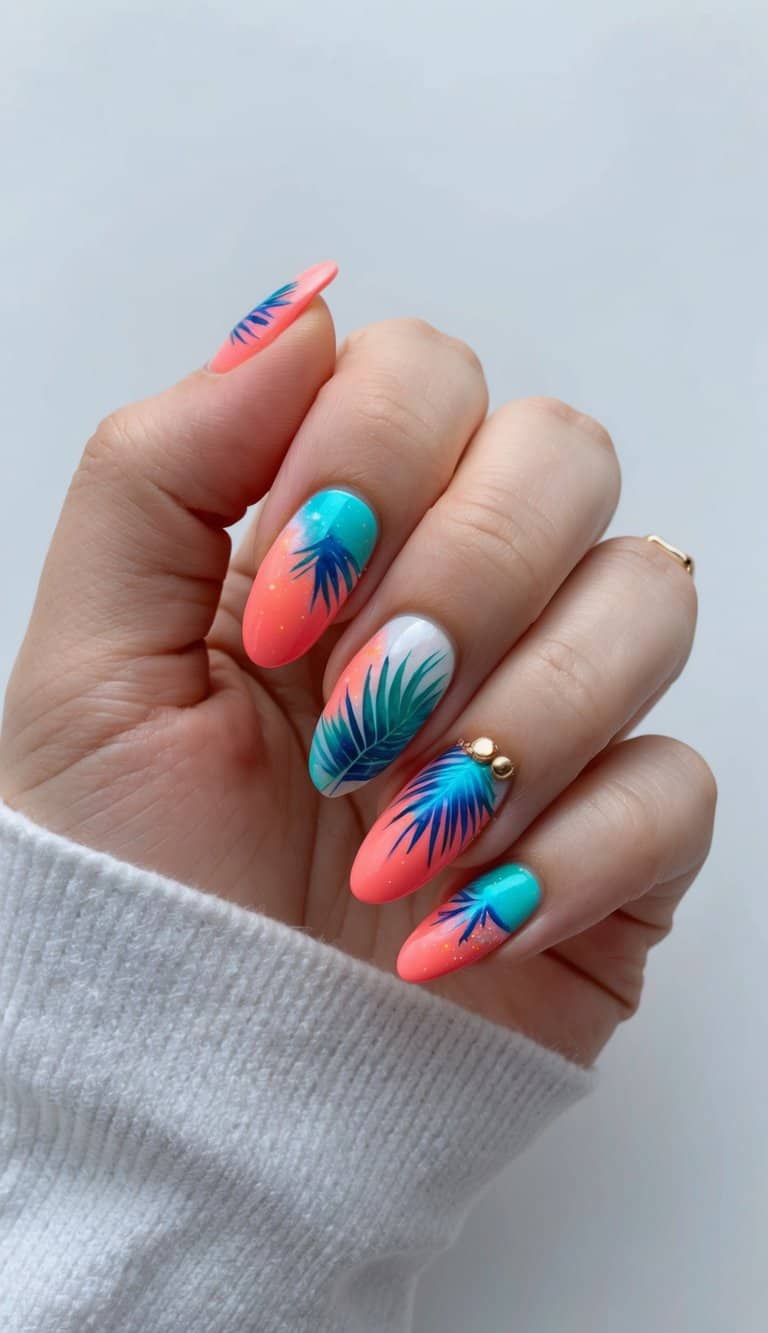 Coral Turquoise Palm Leaf Gradient Nails Coral Turquoise Palm Leaf Gradient Nails — Tropical Nails