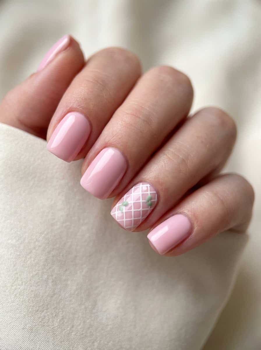 Lattice Pattern Accent Short Square Nails — Light Pink Nails