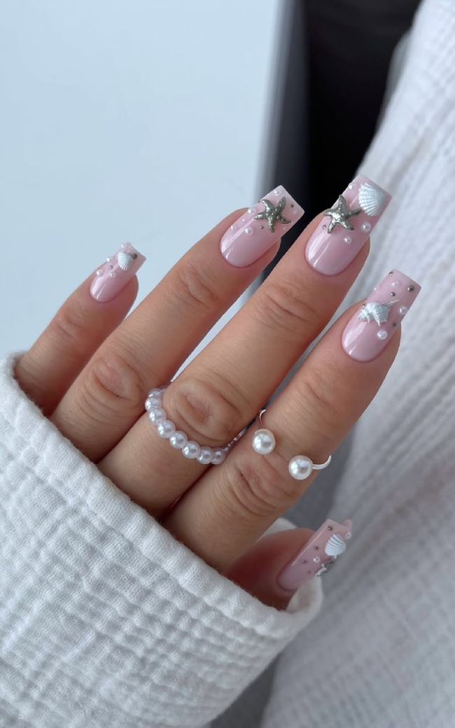 Seashells Starfish Pearls Visual Idea — Long Square Nails