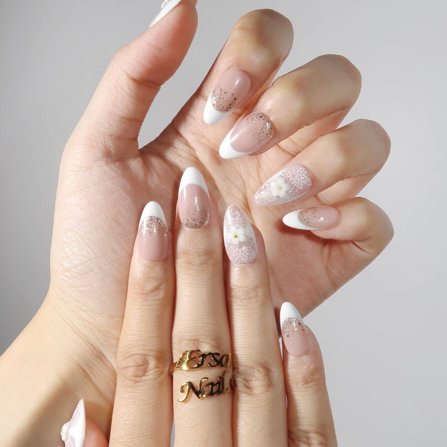 Sheer Pink French with Floral Lace Accent — Prom Nails