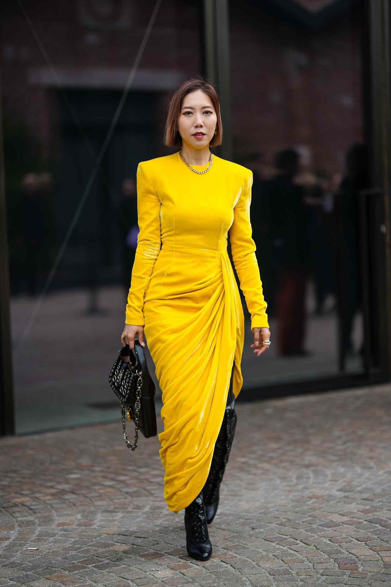 Vibrant Yellow Velvet Dress with Dramatic Silhouette — Formal Outfits