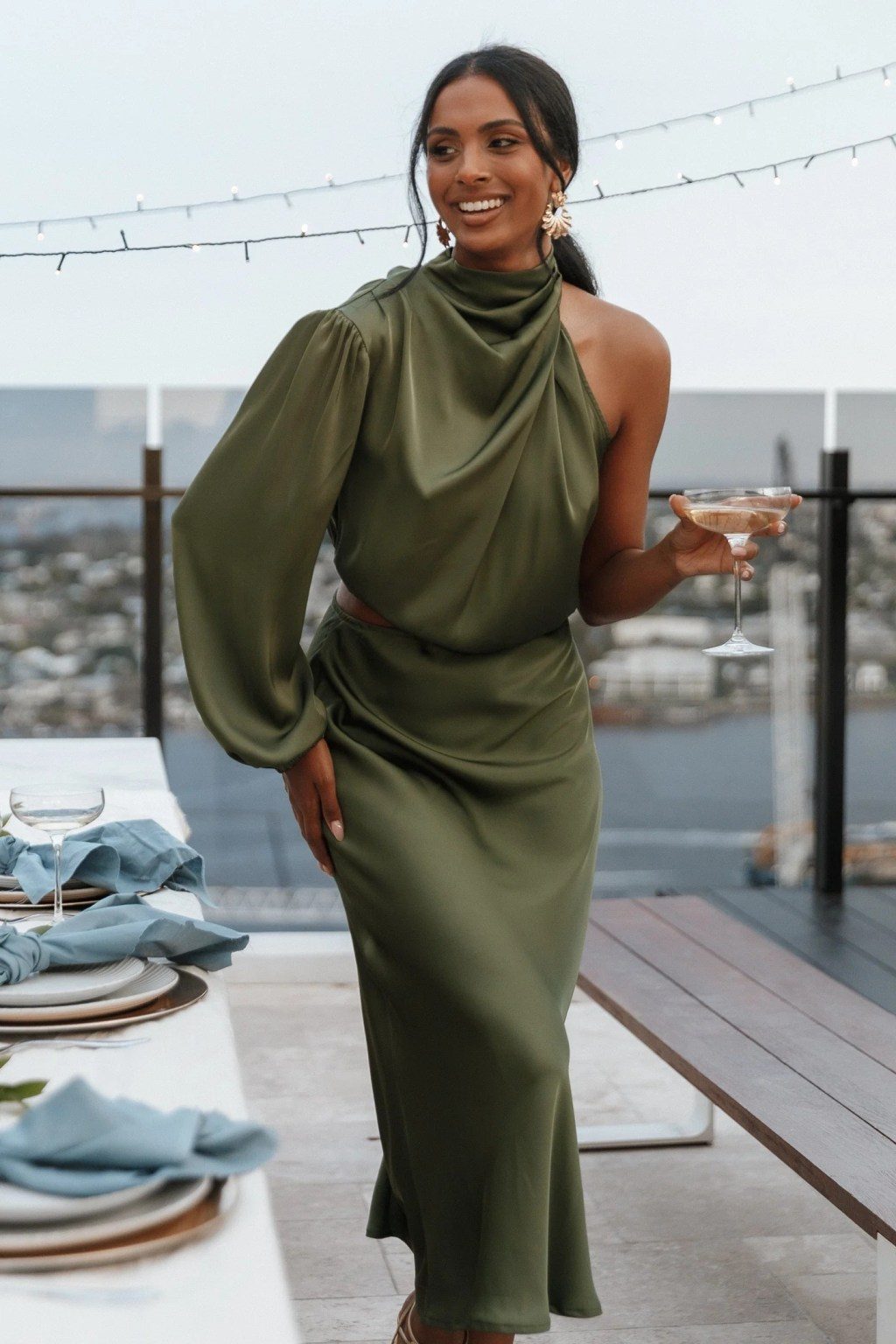 Satin Draping: Olive Green One-Sleeve Dress with Gold Accents Satin Draping: Olive Green One-Sleeve Dress with Gold Accents — Dressy Outfits