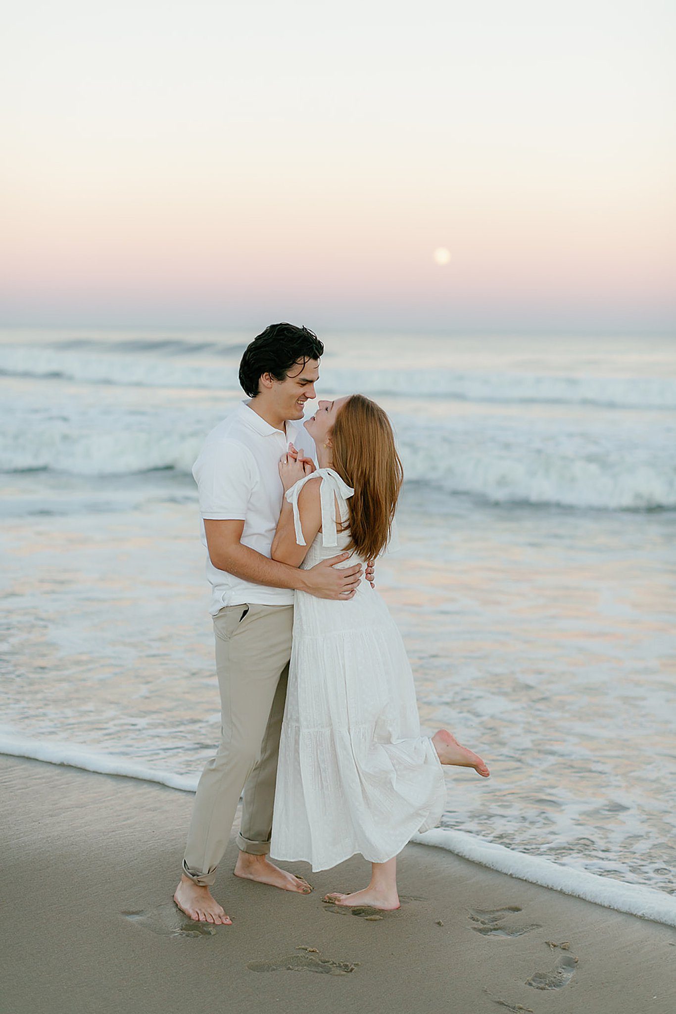 Barefoot Sunset Beach Engagement: Tiered Midi Dress Barefoot Sunset Beach Engagement: Tiered Midi Dress — Engagement Photo Outfits