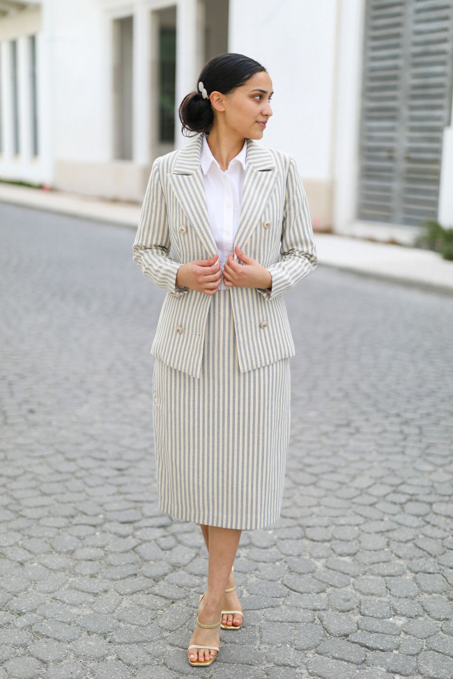 Grey Blazer, White Shirt, and Dark Trousers with Heeled Boots — Interview Outfits