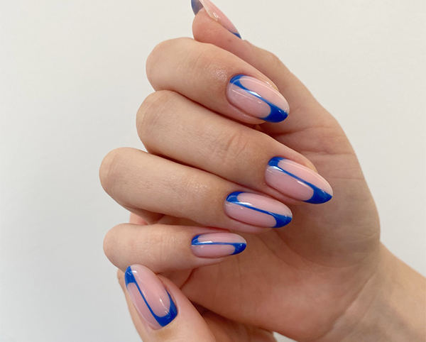 Abstract Blue Line Oval Nails — Gel X Nails