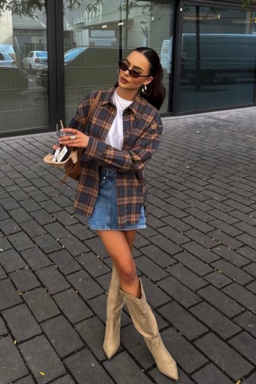 Oversized Plaid Shirt and Denim Skirt with Knee-High Cowboy Boots — Rodeo Outfits