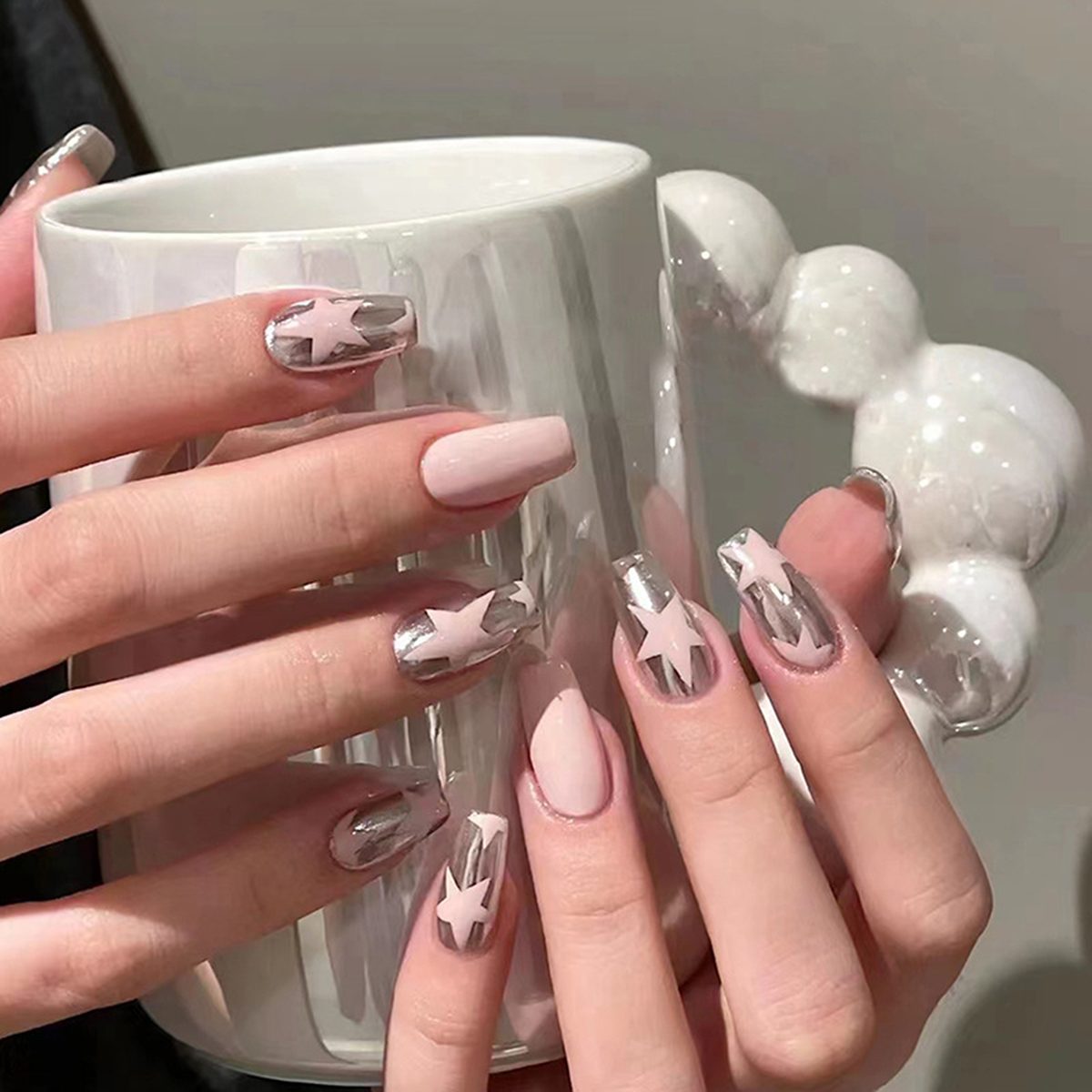 Pale Pink Metallic Silver Star Cutout Nails Pale Pink Metallic Silver Star Cutout Nails — Star Nails