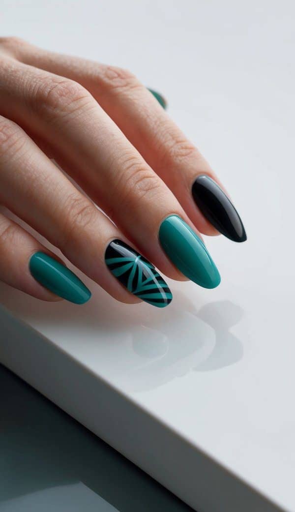 Teal Geometric Accent Stiletto Nails — Teal Nails