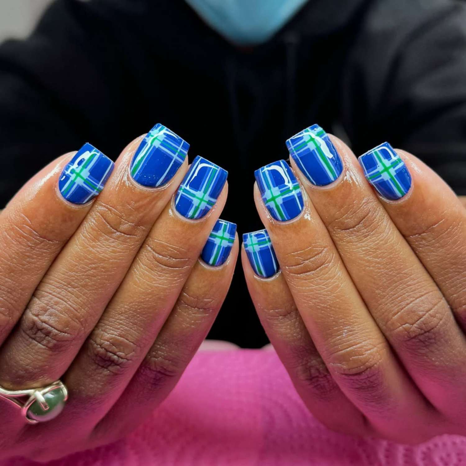 Plaid Pattern Medium Square Black French — Square Nails