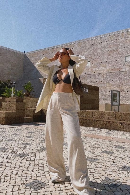 Beach Casual: Striped Pants and Linen Shirt Layering Beach Casual: Striped Pants and Linen Shirt Layering — Aesthetic Outfits