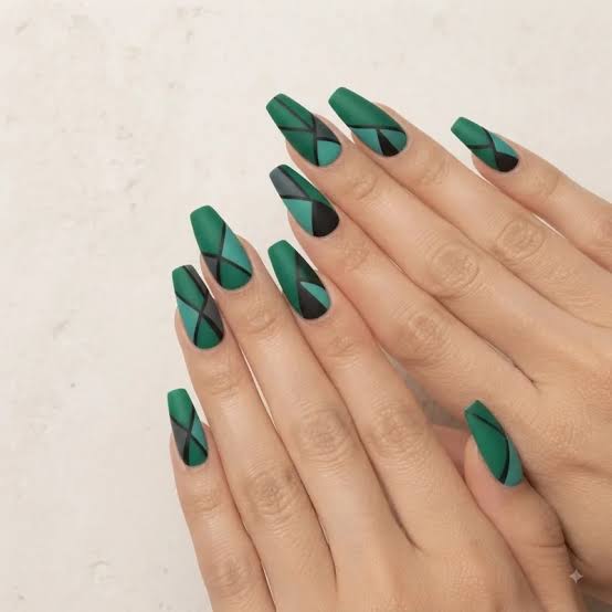 Geometric Lines In Black And Dark Green Visual Idea — Matte Nails