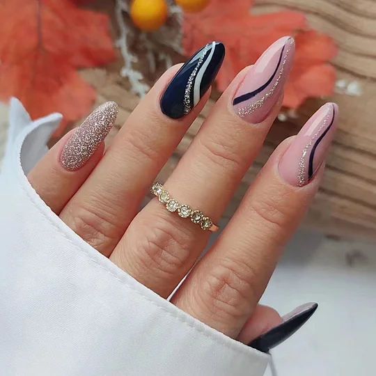 Navy and Pink Abstract Glitter — Nails for Women Over 40