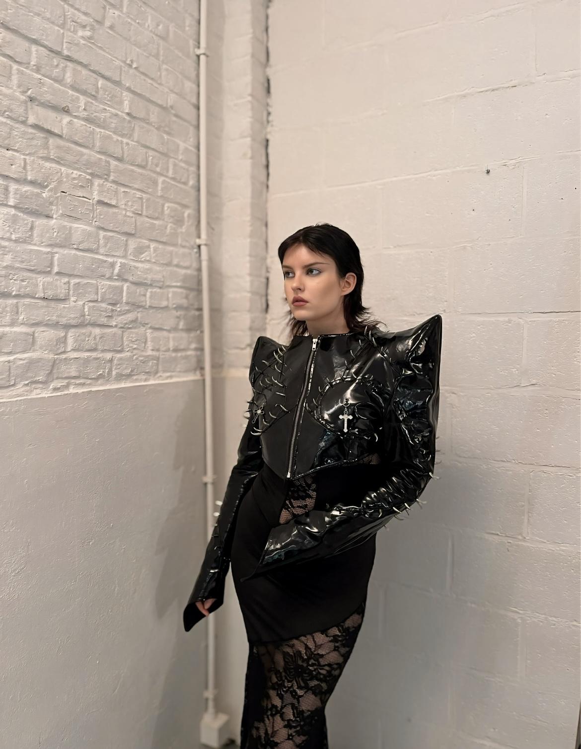 Avant-Garde Jacket with Spiked Shoulders and Lace Skirt — Alt Outfits