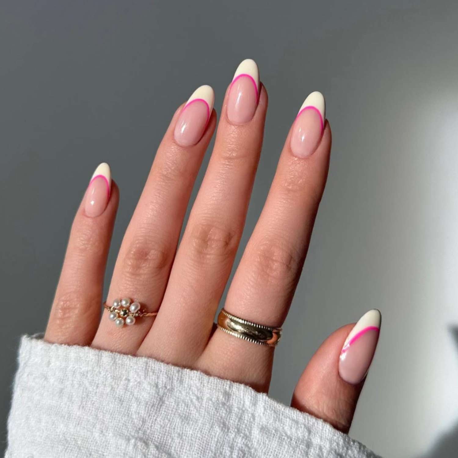 Thin Pink Outline French Almonds — Pink and White Nails