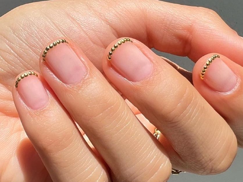 Pink Gold Bead French Tip Nails Pink Gold Bead French Tip Nails — Gold Nails