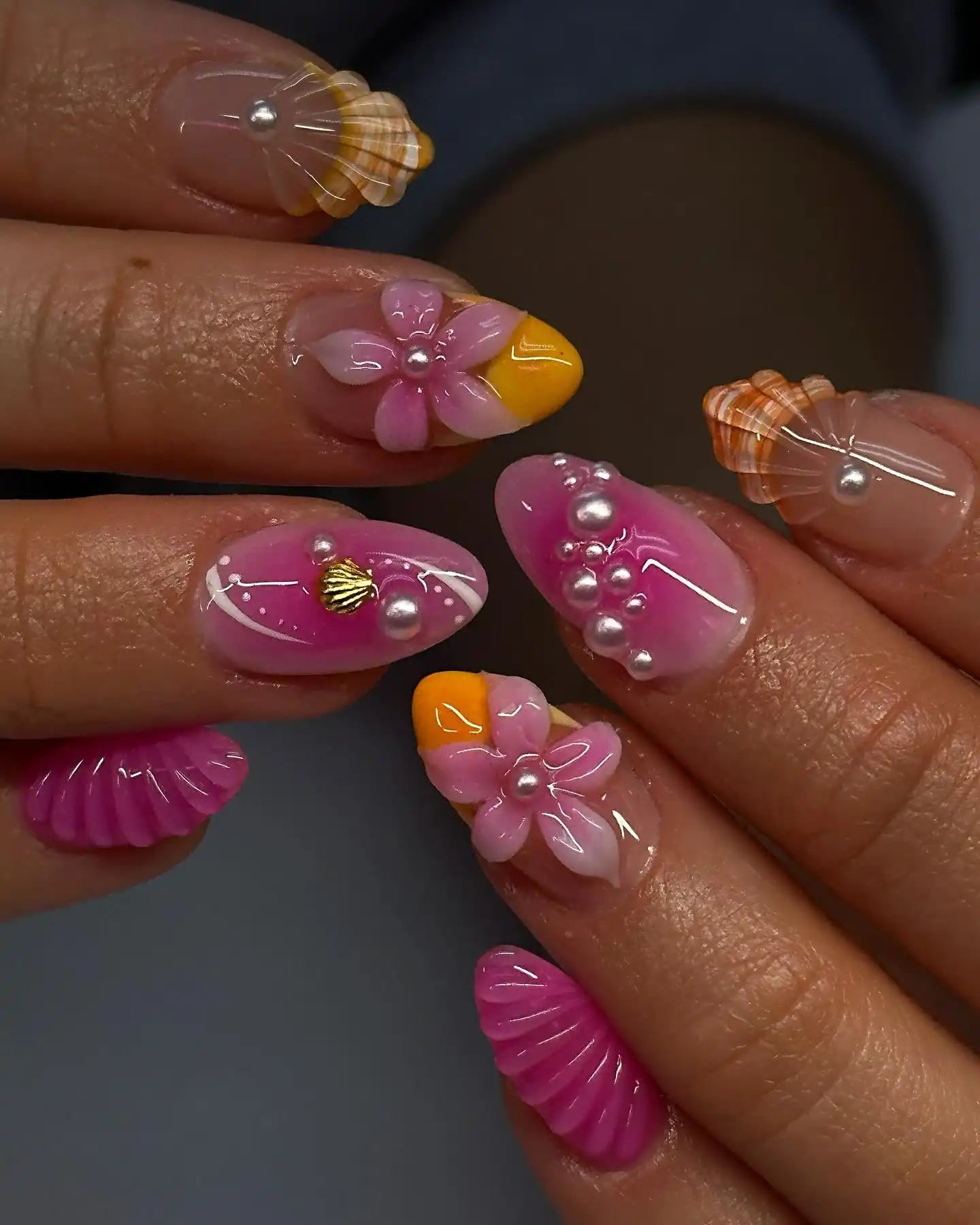 Summer Pink Yellow Gradient with 3D Flowers and Shells — 3D Nails