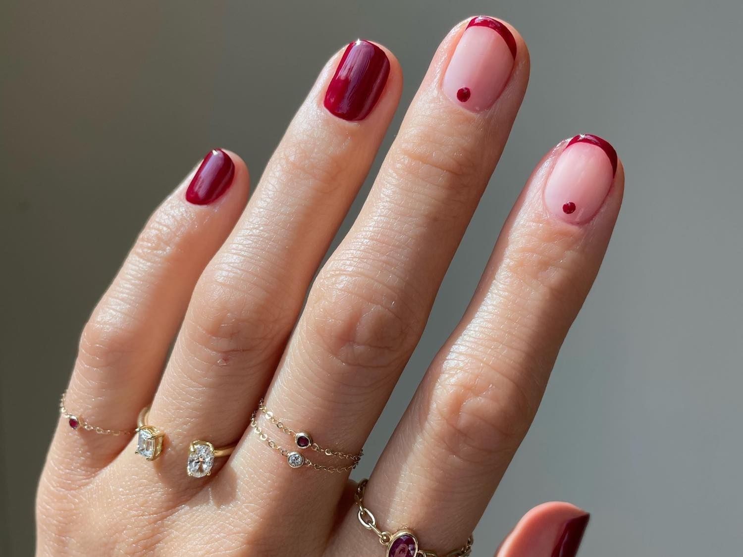 Sheer Pink Dark Red Visual Idea — French Tip Nails