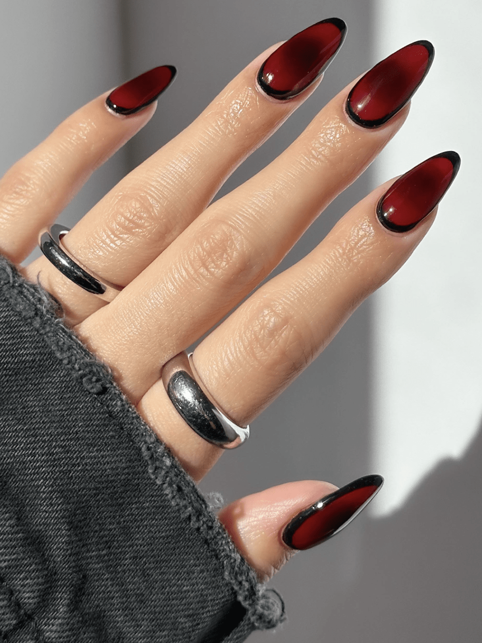 Black Stilettos with Red Drips and Silver Snake Ring Black Stilettos with Red Drips and Silver Snake Ring — Red and Black Nails