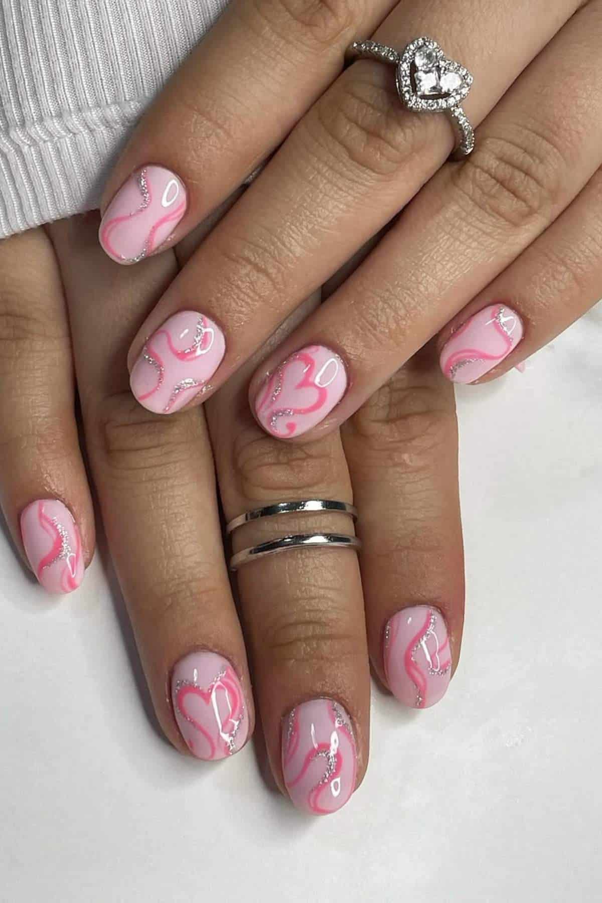 Pink Swirls and Hearts Glitter Nails — Short Round Nails