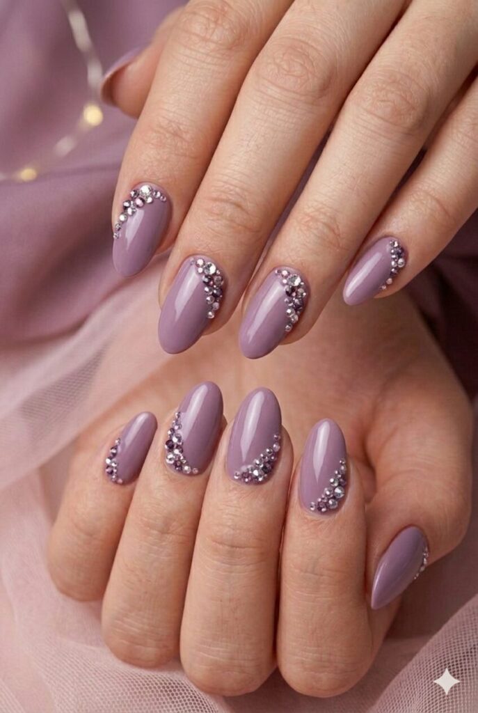 Muted Lavender Rhinestone Pearl Cuticle Medium Oval Nails Muted Lavender Rhinestone Pearl Cuticle Medium Oval Nails — Purple Nails