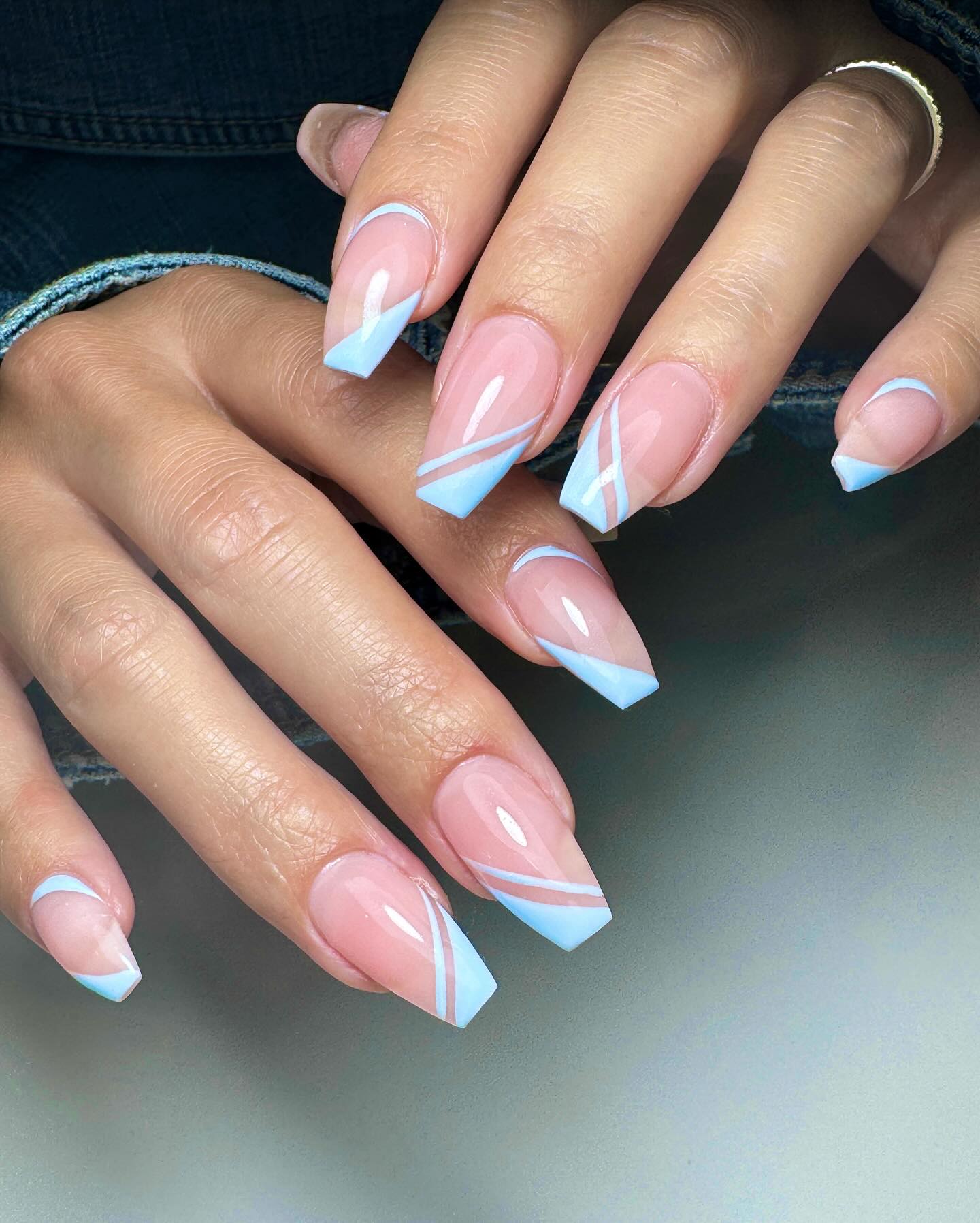 Light Blue French Coffin Nails with Diagonal Lines — Blue French Tip Nails
