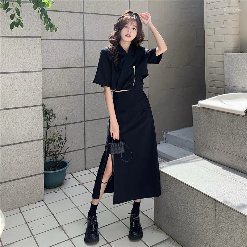 Asymmetric Midi Skirt with Cropped Black Blazer Asymmetric Midi Skirt with Cropped Black Blazer — Korean Outfits