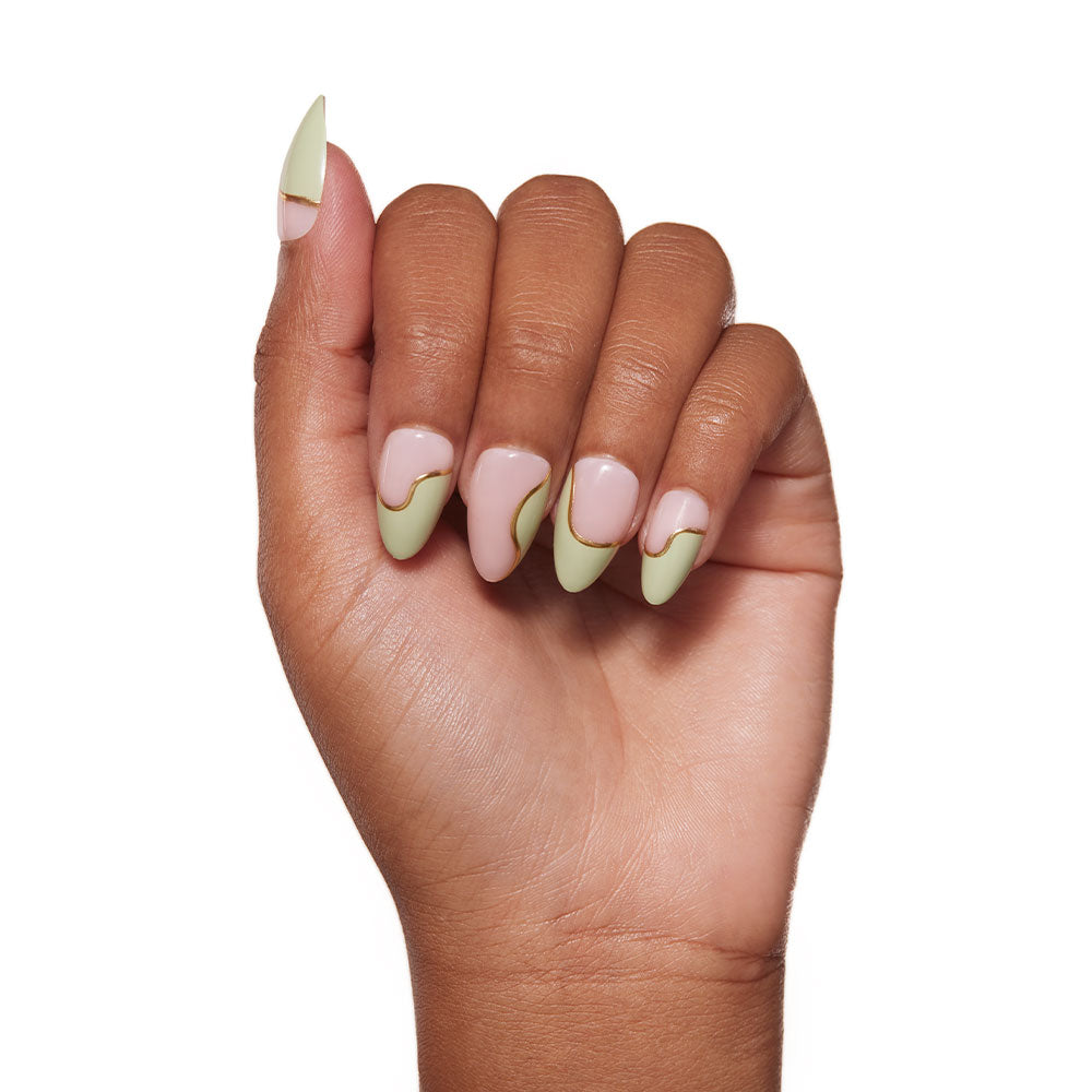 Pale Pink Olive Green Split Nails with Gold Lines — Nails for Olive Skin