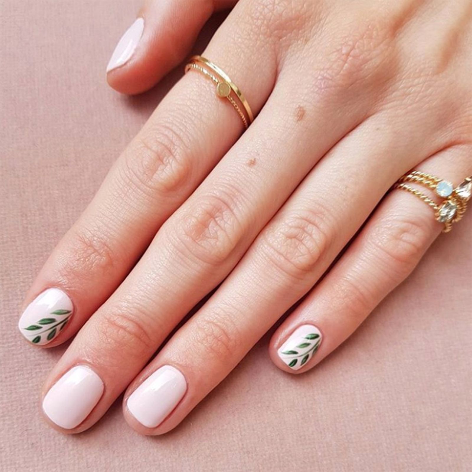 Pale Pink Squoval with Green Leaf Art Pale Pink Squoval with Green Leaf Art — Squoval Nails