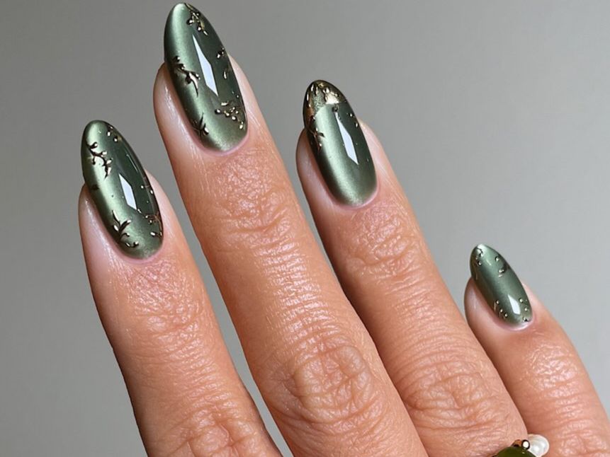 Olive Green Cat Eye with Gold Leaf Olive Green Cat Eye with Gold Leaf — Cat Eye Nails