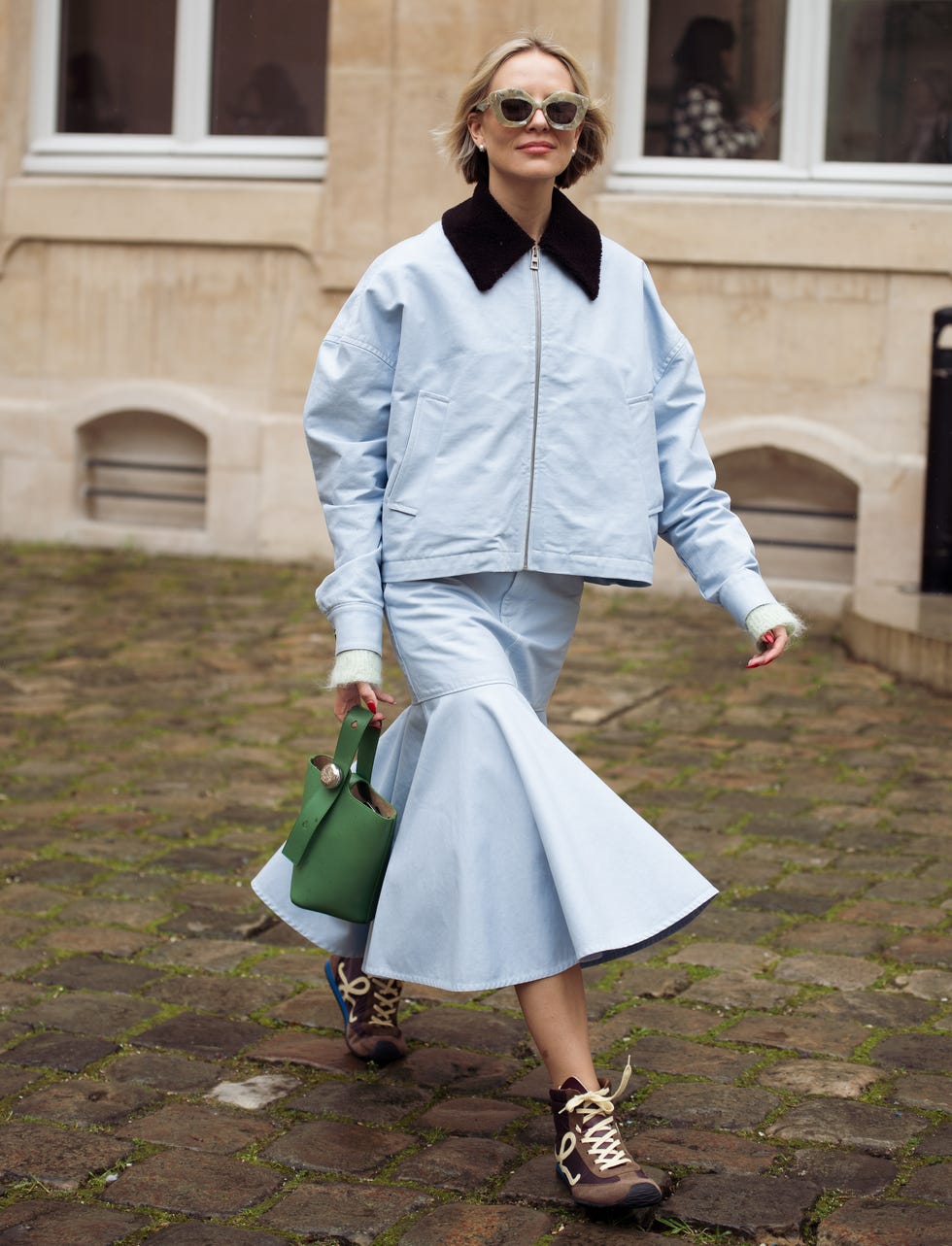 Light Blue Bomber Jacket with Fur Collar and Fishtail Skirt Light Blue Bomber Jacket with Fur Collar and Fishtail Skirt — Paris Outfits