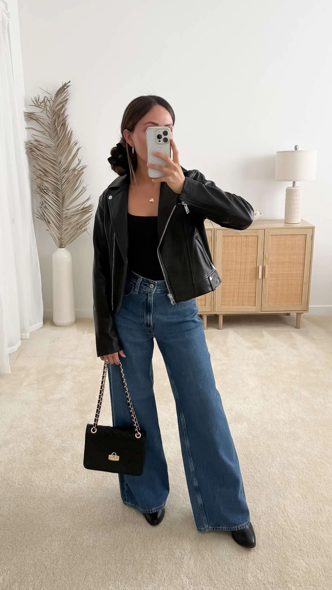 Classic Moto Jacket Over Tank Top with Wide-Leg Jeans Classic Moto Jacket Over Tank Top with Wide-Leg Jeans — Casual Date Night Outfits