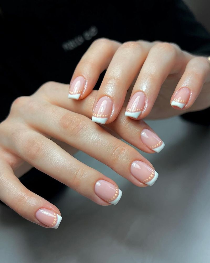 Gold Dot Accented French Tip — White French Tip Nails